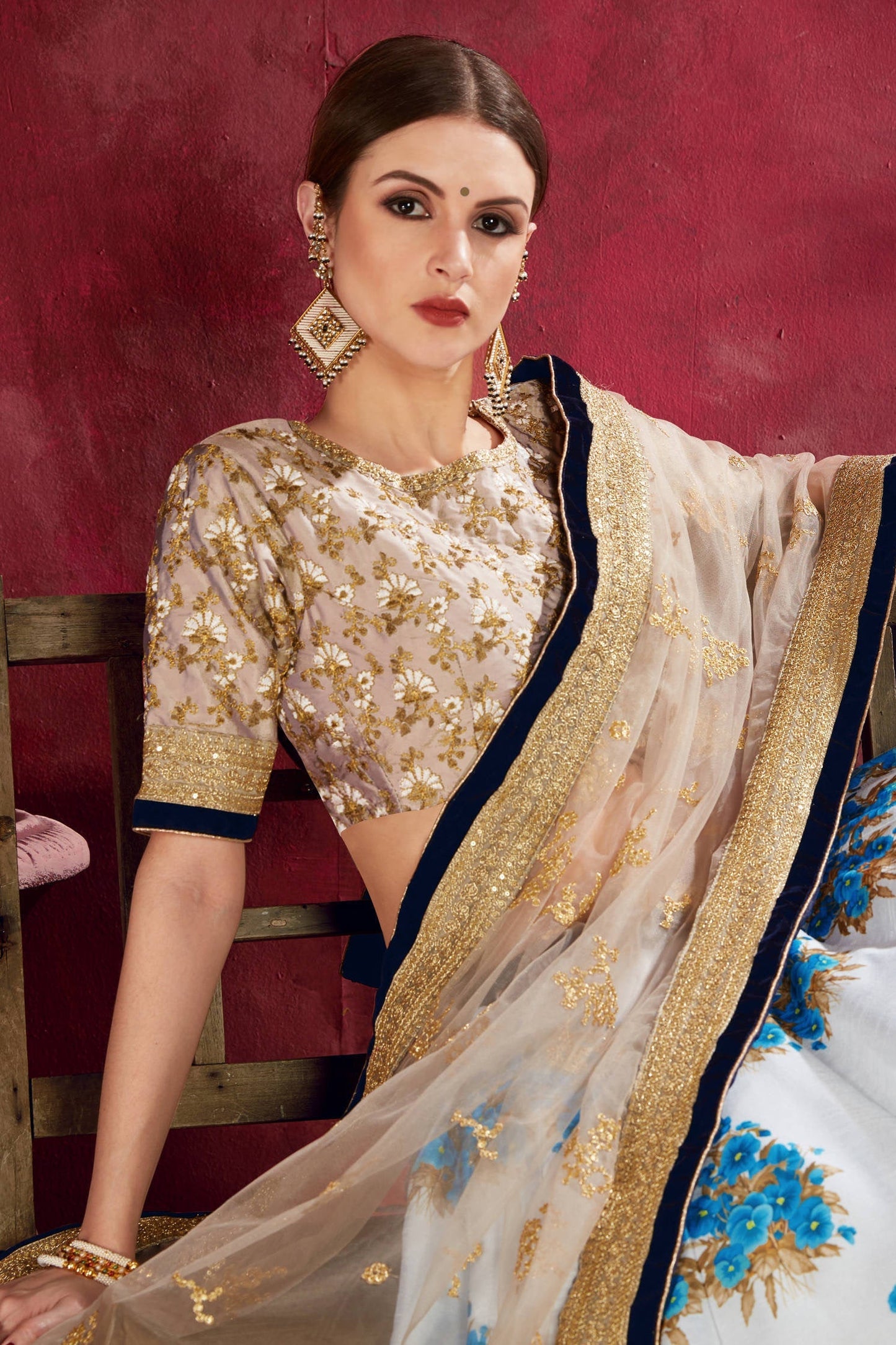 Cream Sky Blue Banglori Silk Designer Lehenga Choli