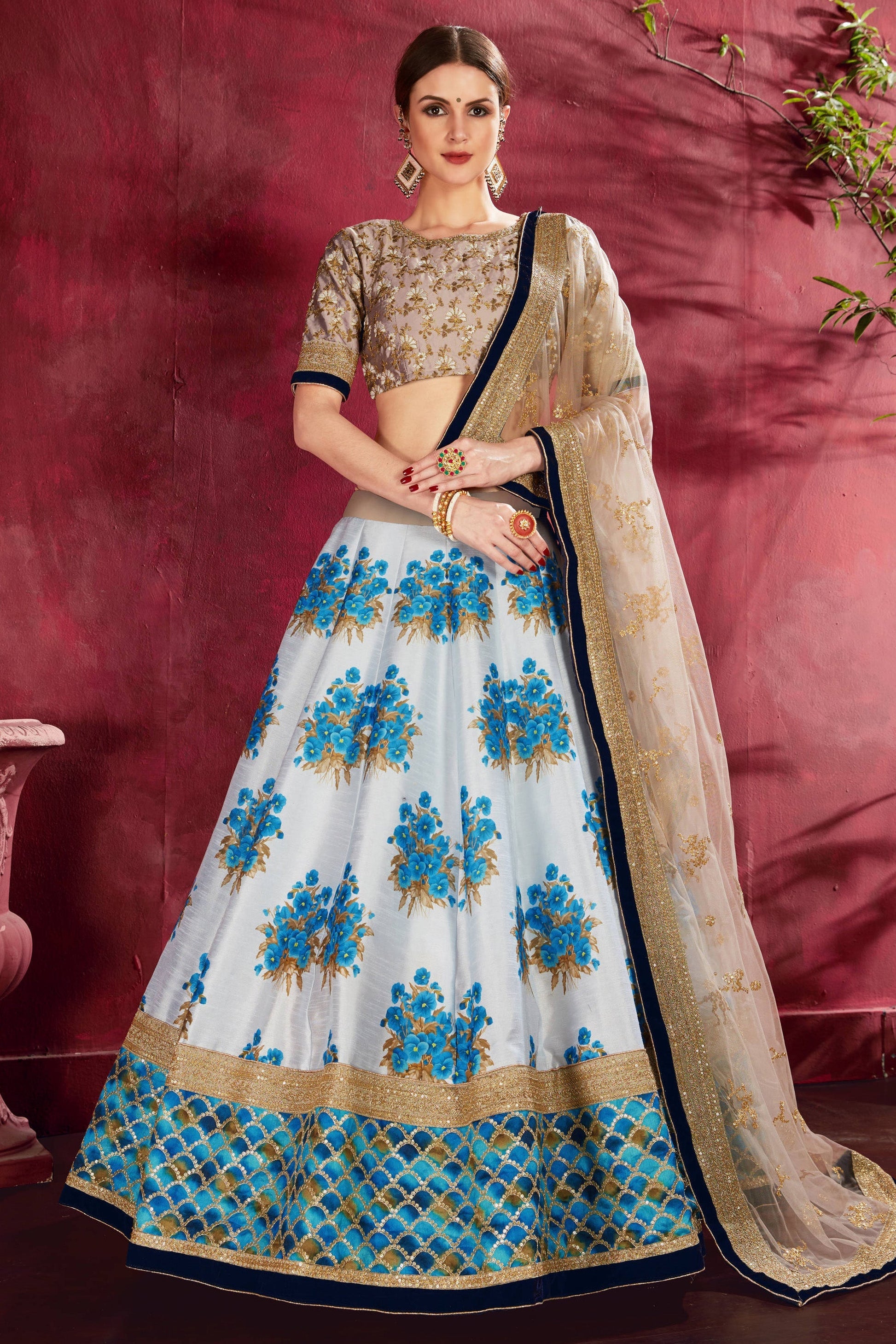 Cream Sky Blue Banglori Silk Designer Lehenga Choli