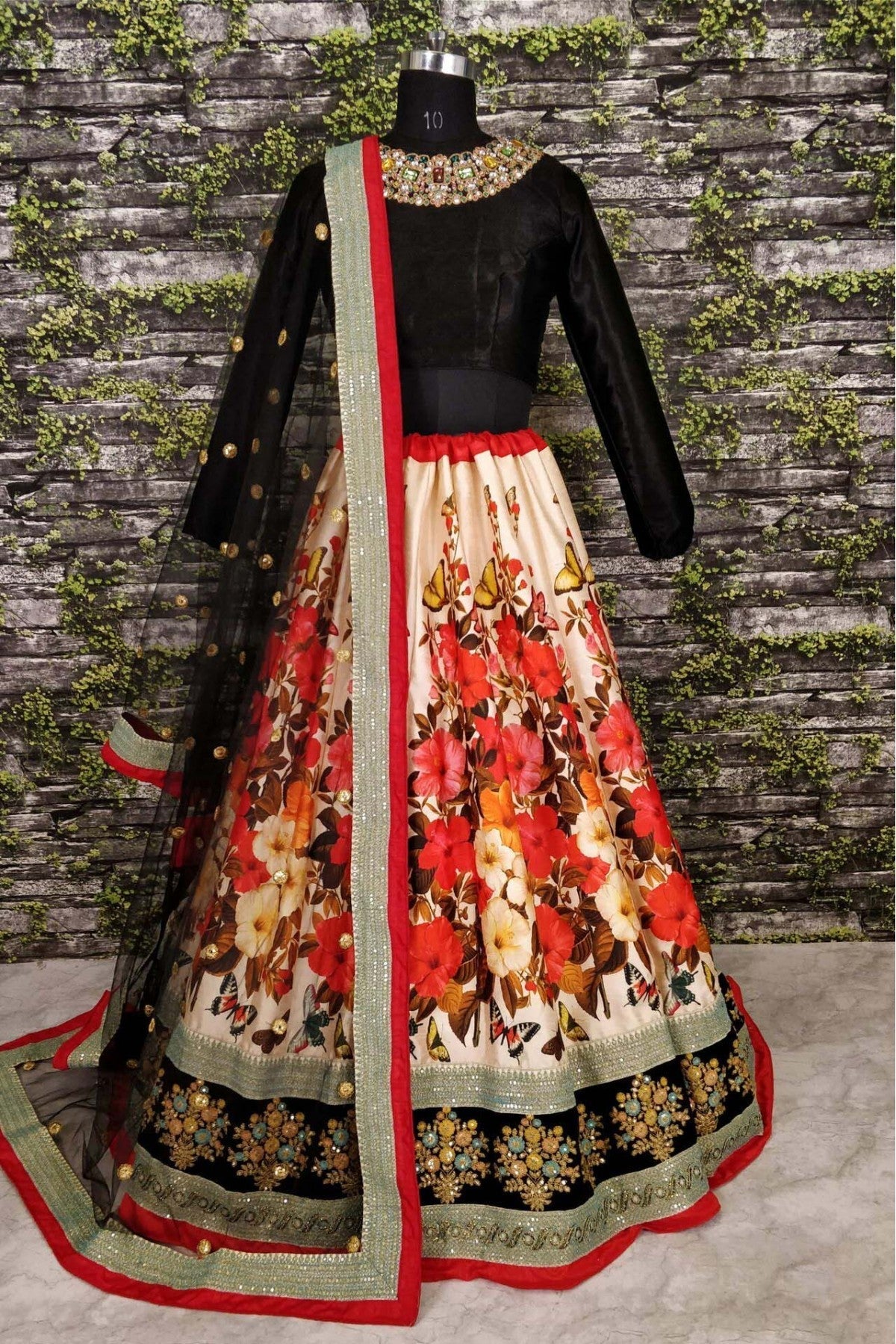 Cream and Black Colour Art Silk Lehenga Choli