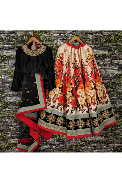 Cream and Black Colour Art Silk Lehenga Choli