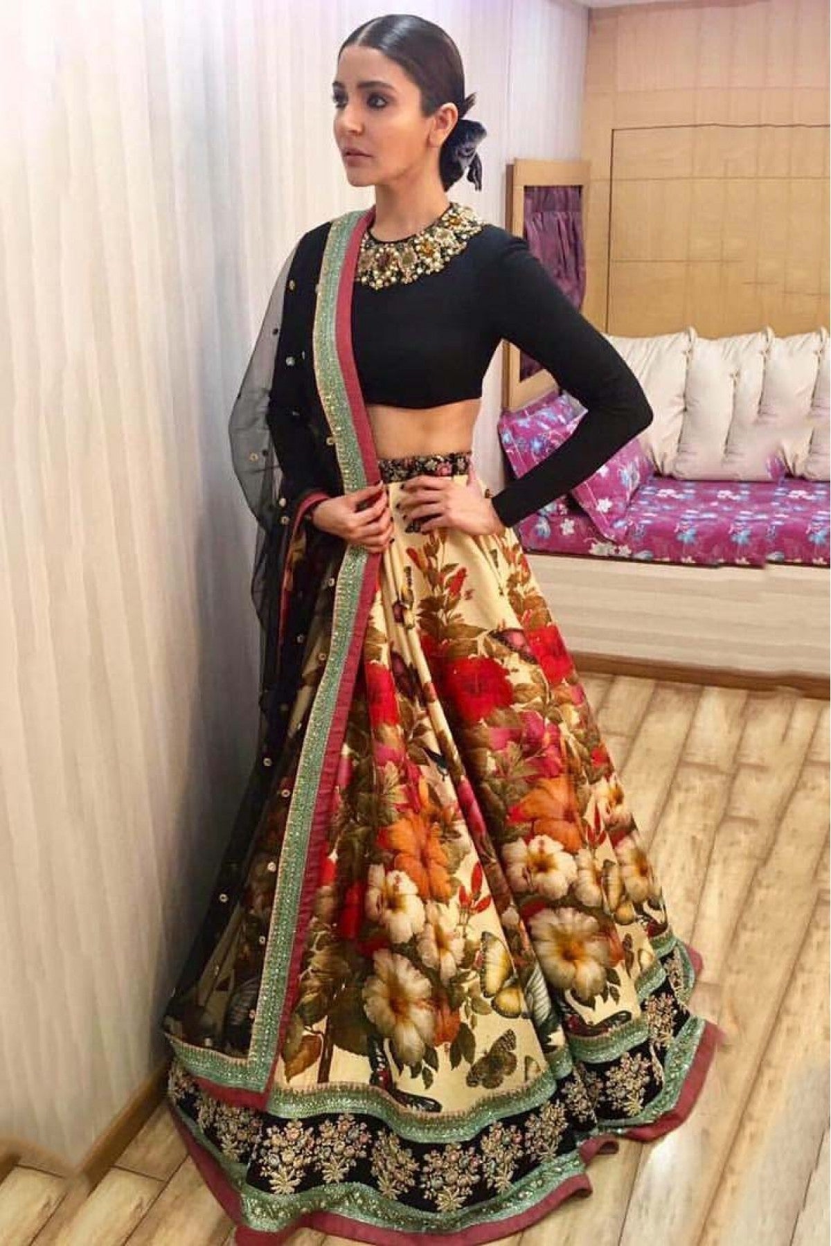 Cream and Black Colour Art Silk Lehenga Choli