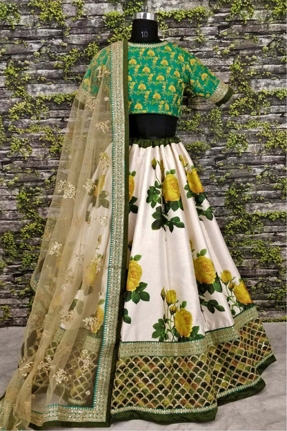 Cream and Green Colour Art Silk and Banglori Silk Lehenga Choli VSLC1010003