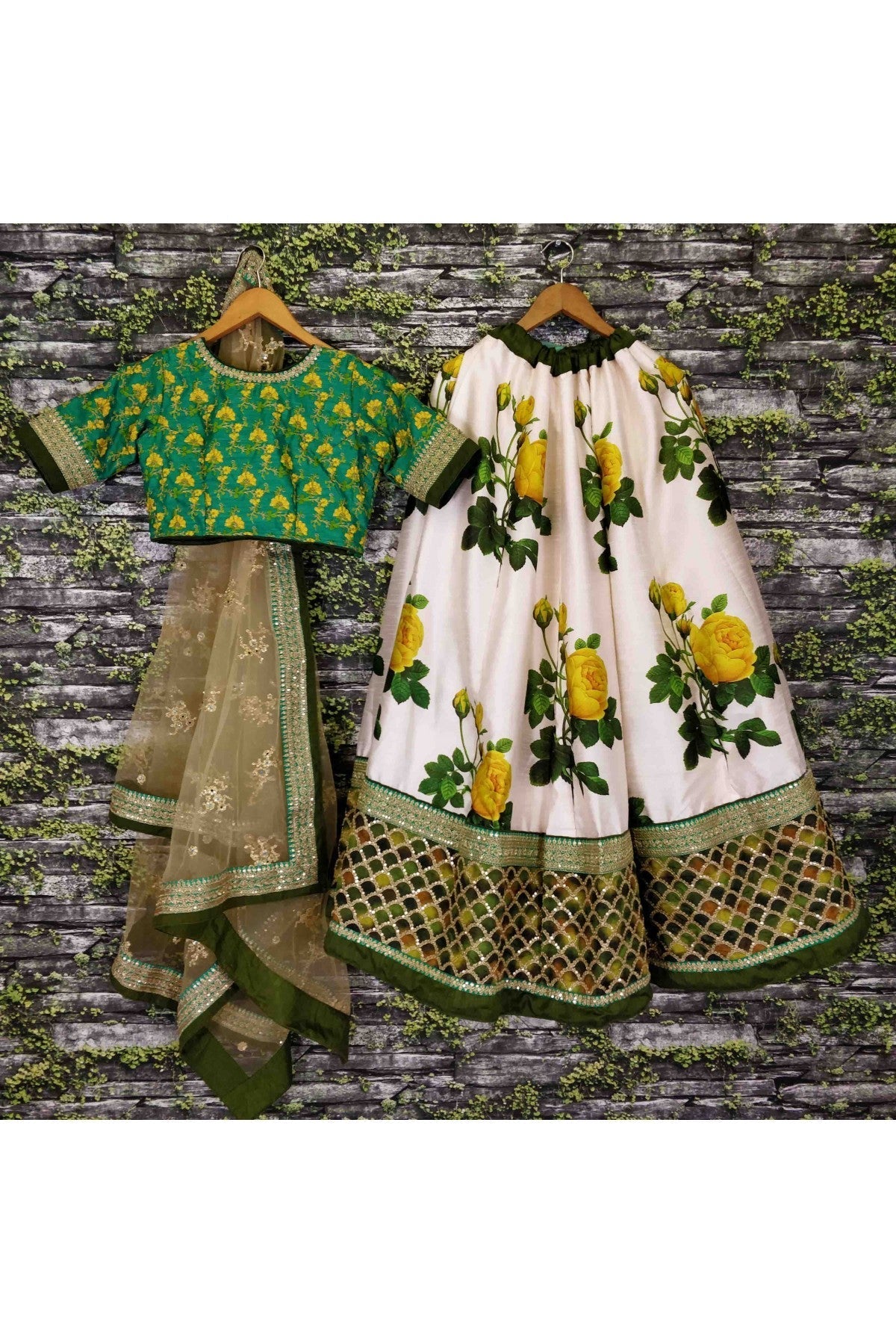 Cream and Green Colour Art Silk and Banglori Silk Lehenga Choli VSLC1010003