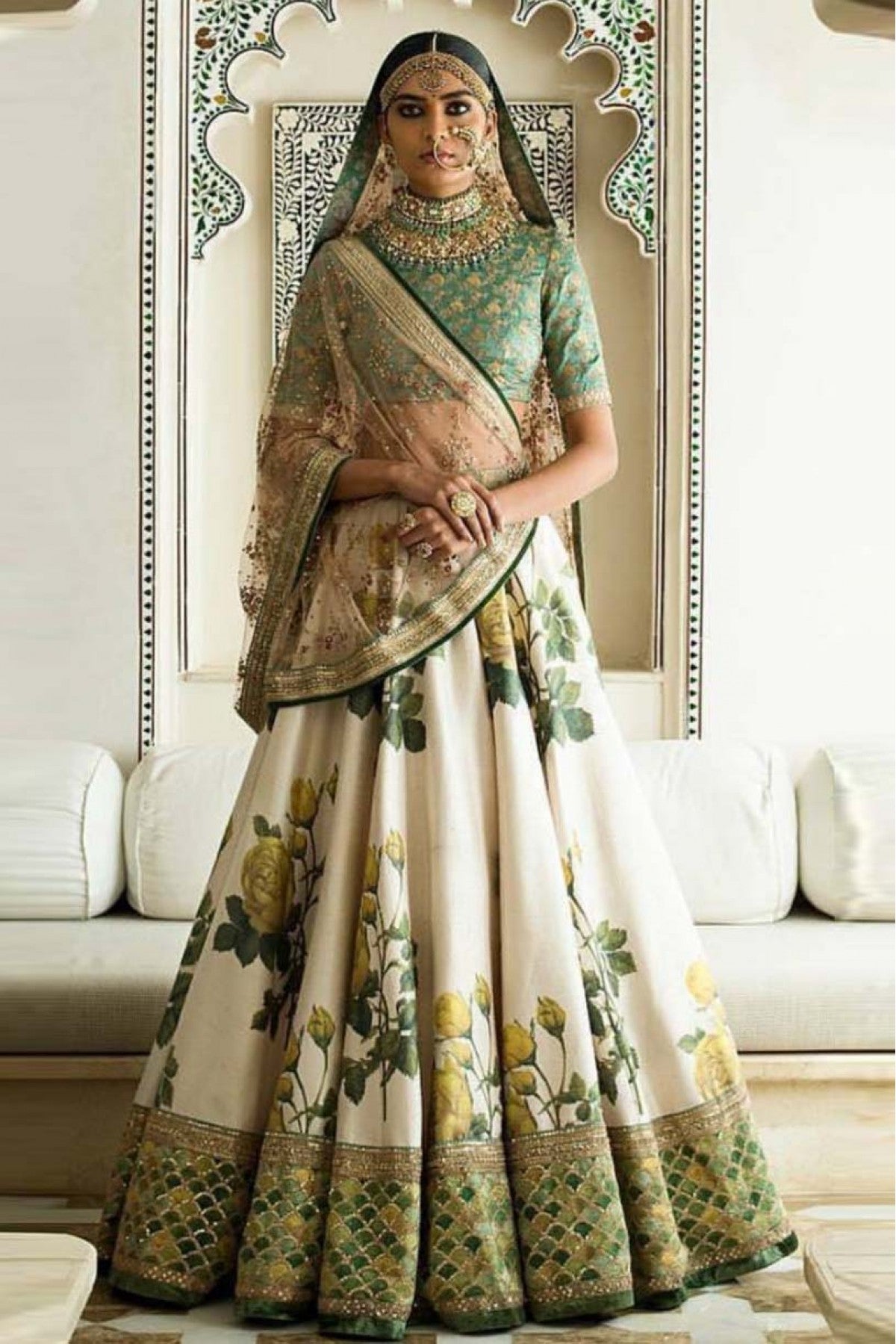 Cream and Green Colour Art Silk and Banglori Silk Lehenga Choli