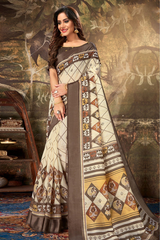 Cream and Grey Colour Cotton Printed Saree