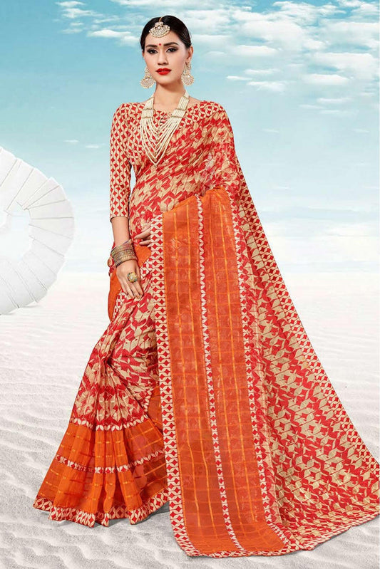 Cream and Orange Colour Kota Traditional Saree