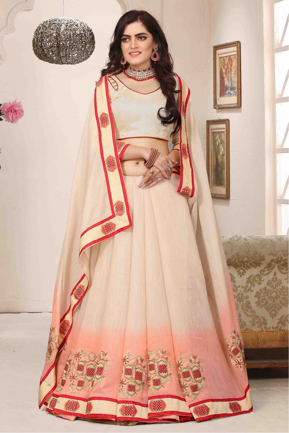 Cream and Pink Colour Cotton Silk Designer Saree