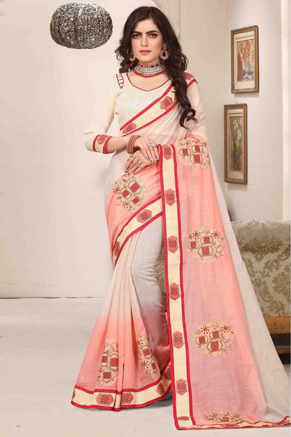 Cream and Pink Colour Cotton Silk Designer Saree