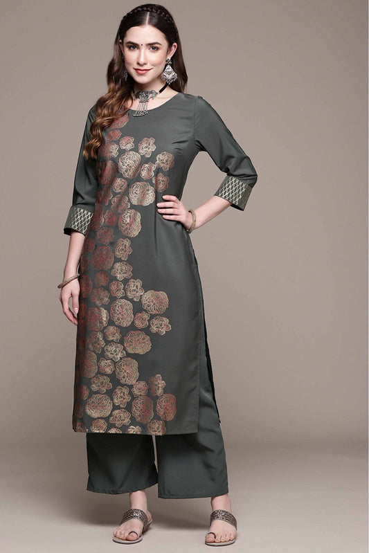 Dark Grey Colour Crepe Foil Print Kurta With Palazzo