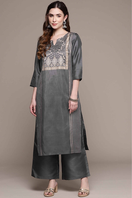 Dark Grey Colour Poly Silk Foil Print Kurta With Palazzo