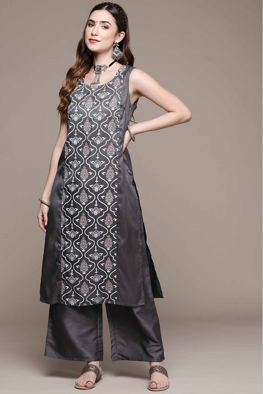 Dark Grey Colour Poly Silk Printed Kurta With Palazzo