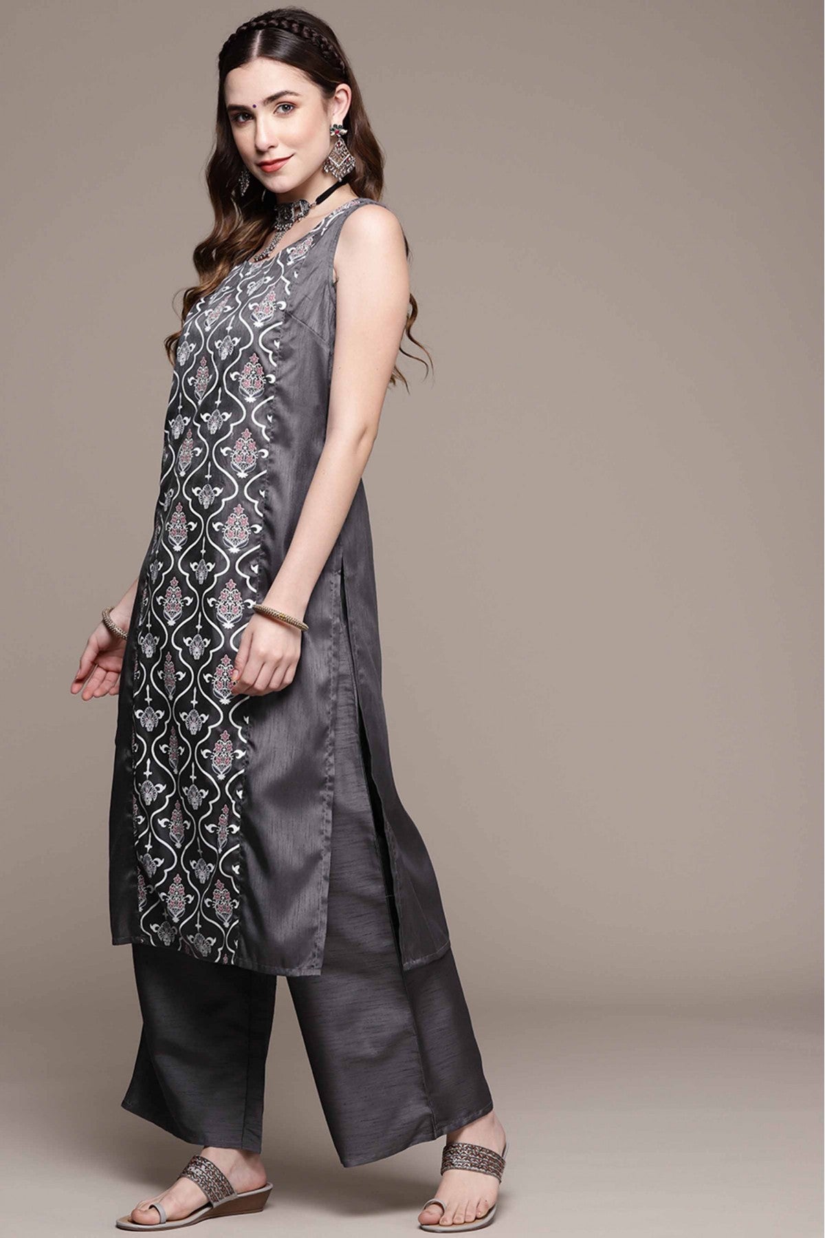 Dark Grey Colour Poly Silk Printed Kurta With Palazzo