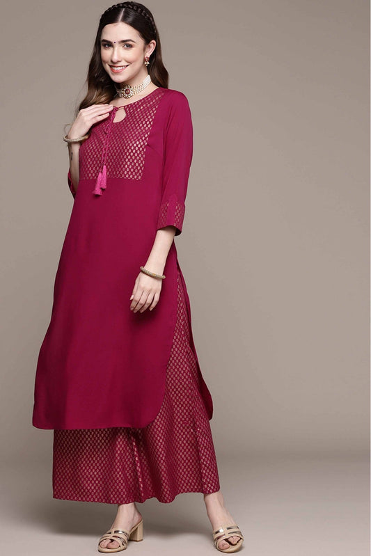 Dark Pink Colour Crepe Foil Print Kurta With Palazzo