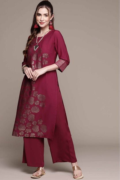 Dark Pink Colour Crepe Foil Print Kurta With Palazzo