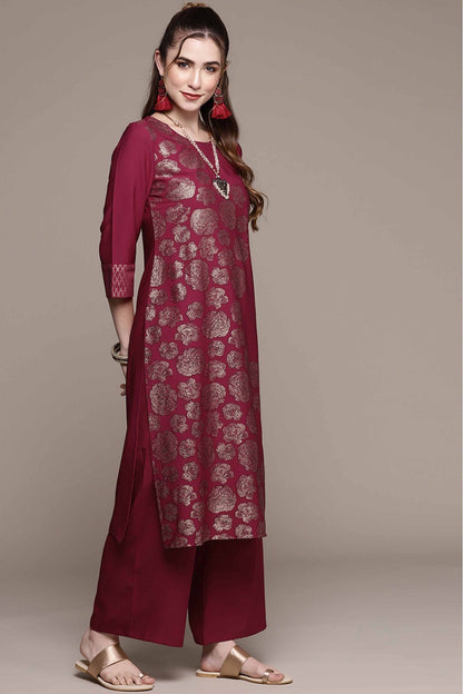 Dark Pink Colour Crepe Foil Print Kurta With Palazzo