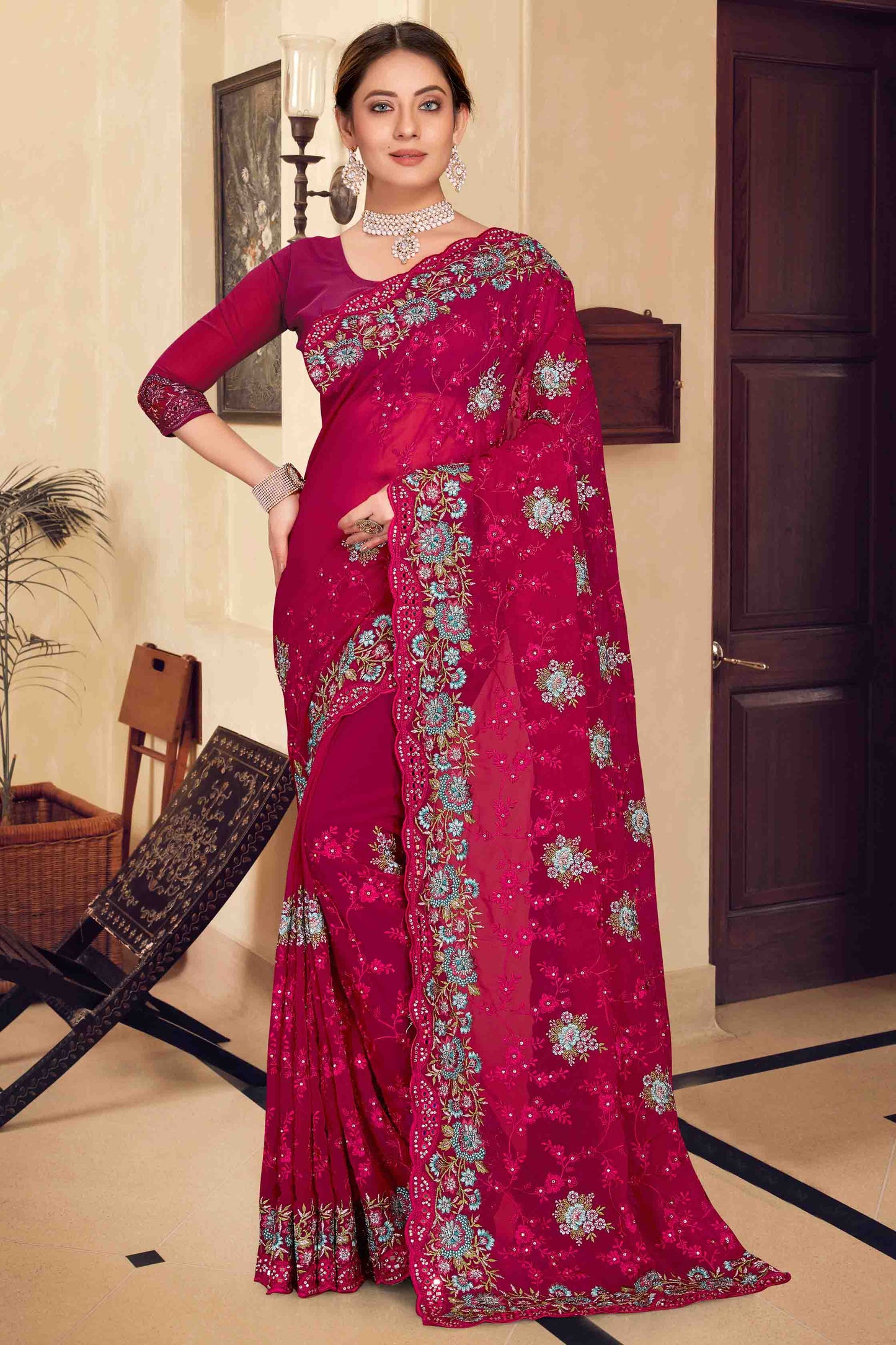 Dark Pink Colour Georgette Designer Saree