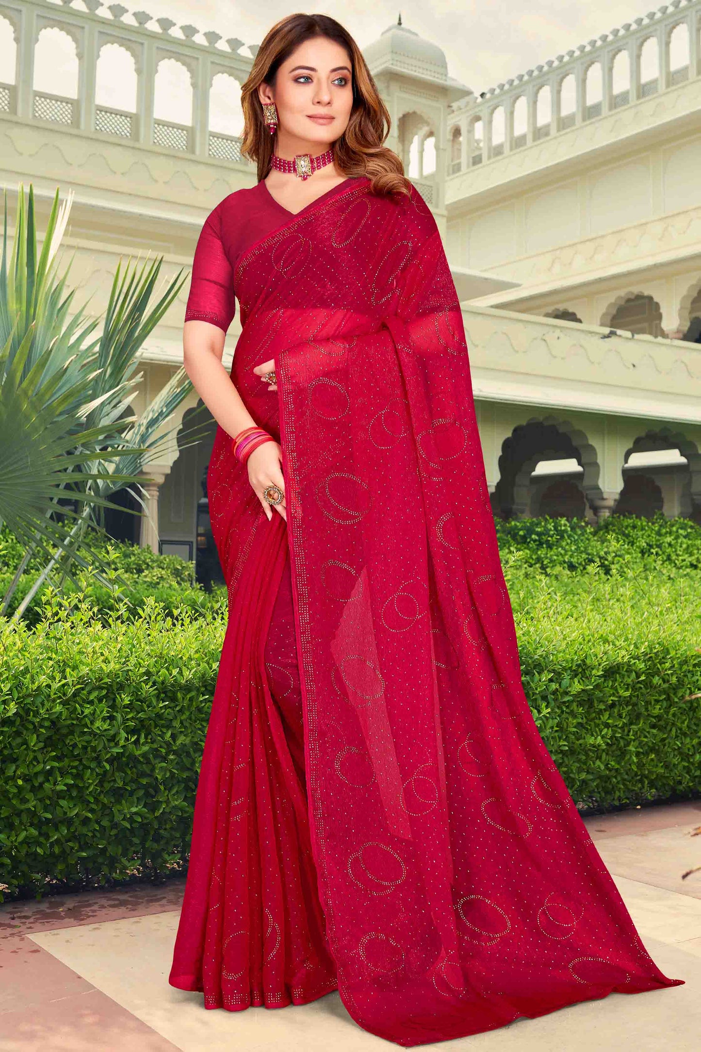 Dark Pink Colour Simmer Chiffon Designer Saree