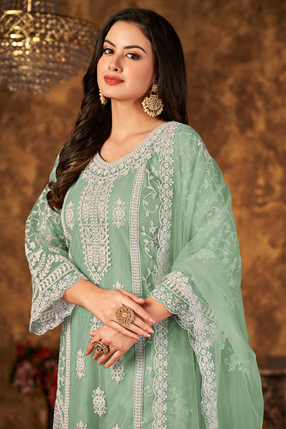 Dusty Green Colour Net Semi Stitched Palazzo Pant Suit