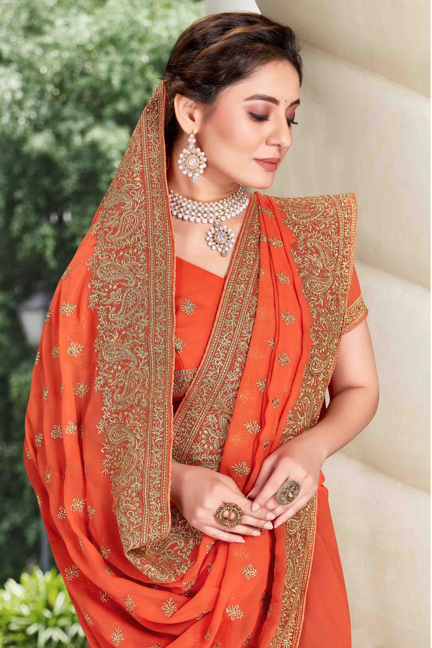 Dusty Orange Colour Georgette Designer Saree