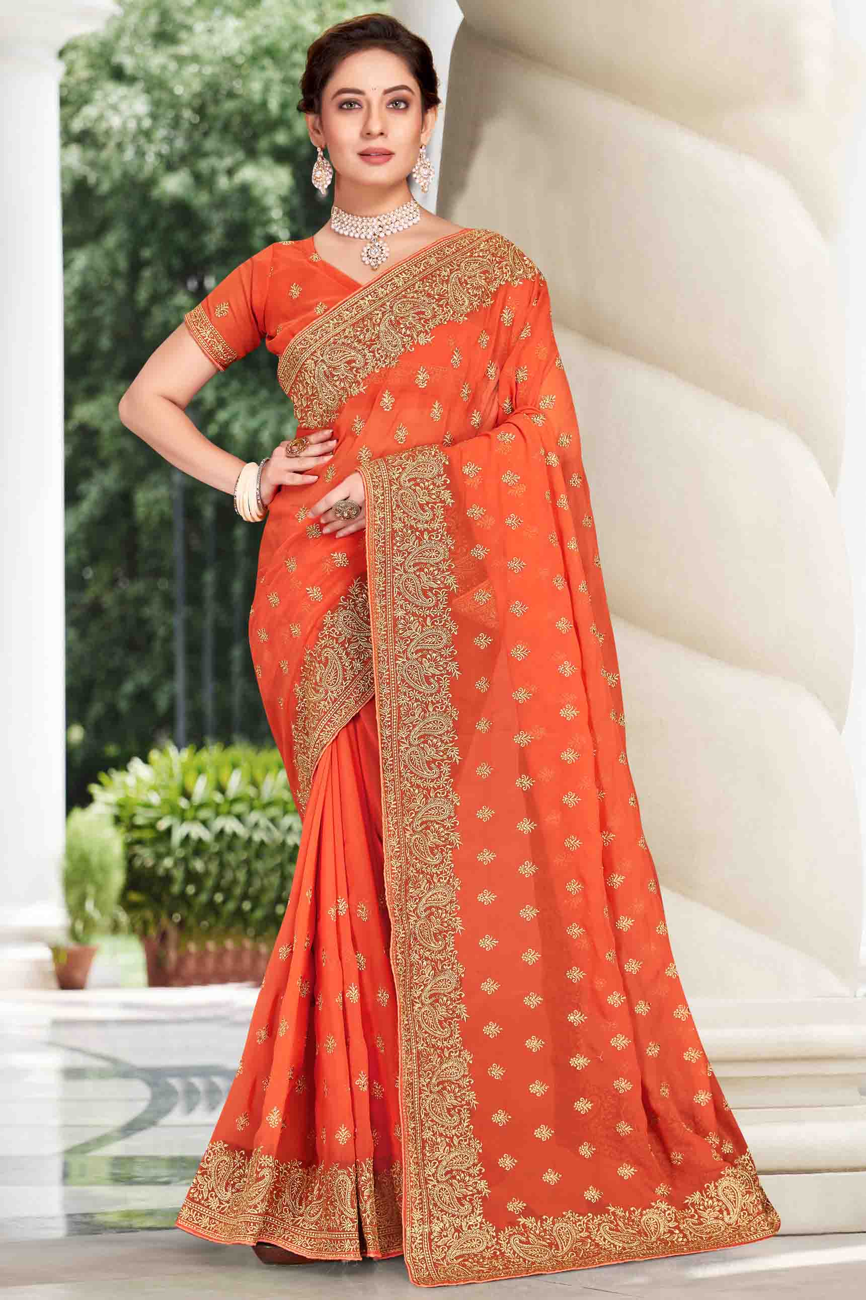 Dusty Orange Colour Georgette Designer Saree