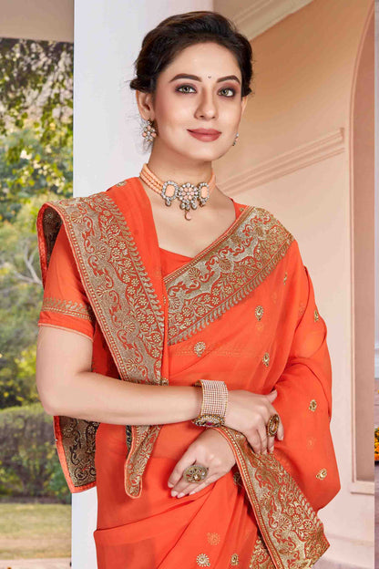 Dusty Orange Colour Georgette Designer Saree