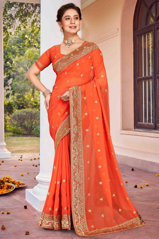 Dusty Orange Colour Georgette Designer Saree