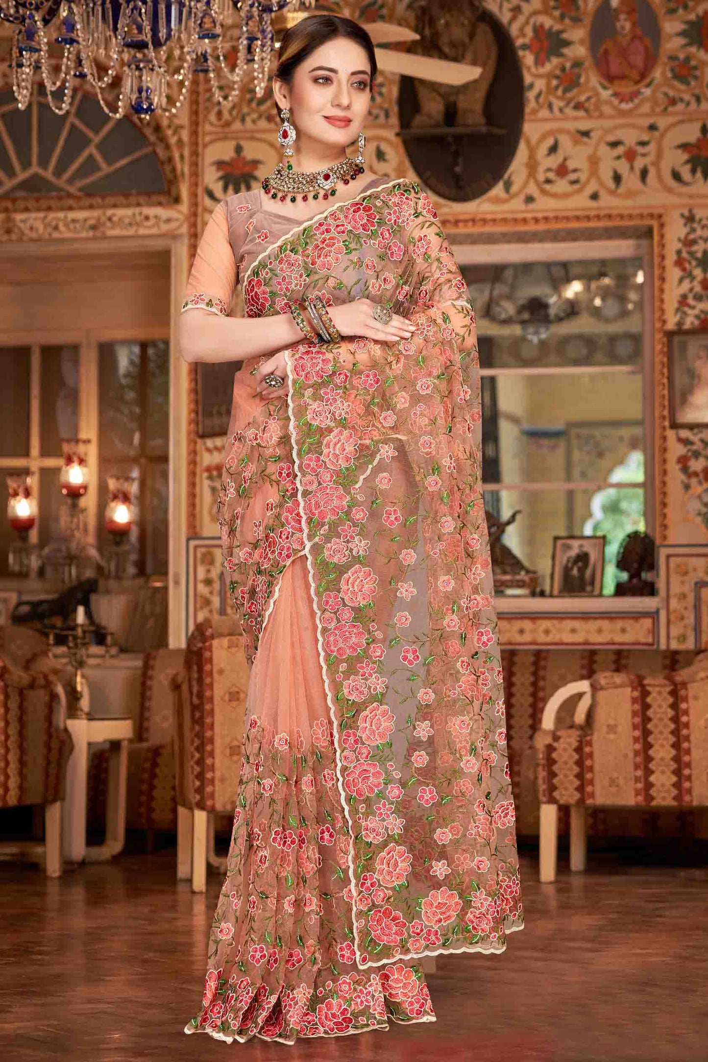 Dusty Peach Colour Net Designer Saree