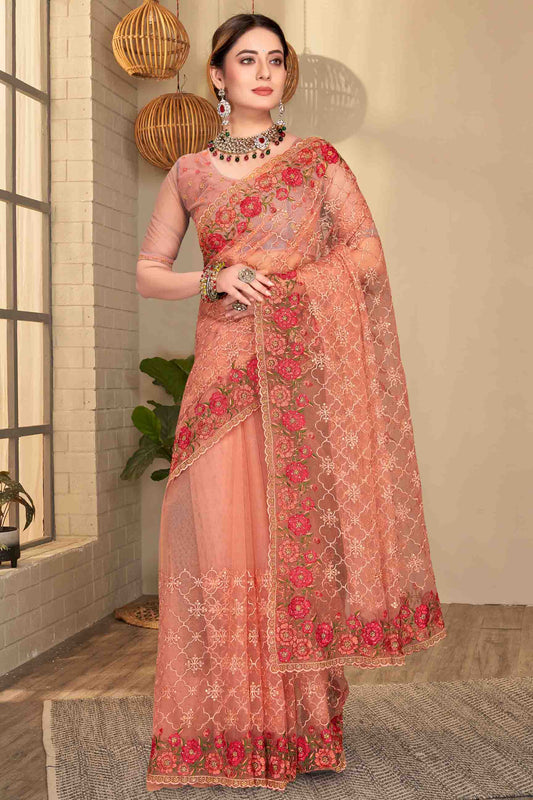 Dusty Peach Colour Net Designer Saree