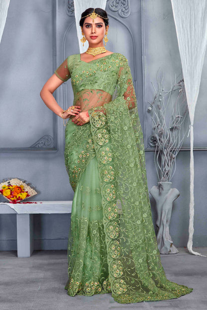 Dusty Pista Green Colour Net Designer Saree VSSD1090492