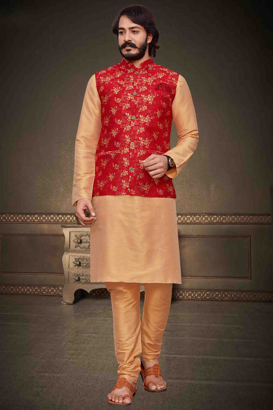 Gold Colour Kurta Pajama With Jacket In Art Silk