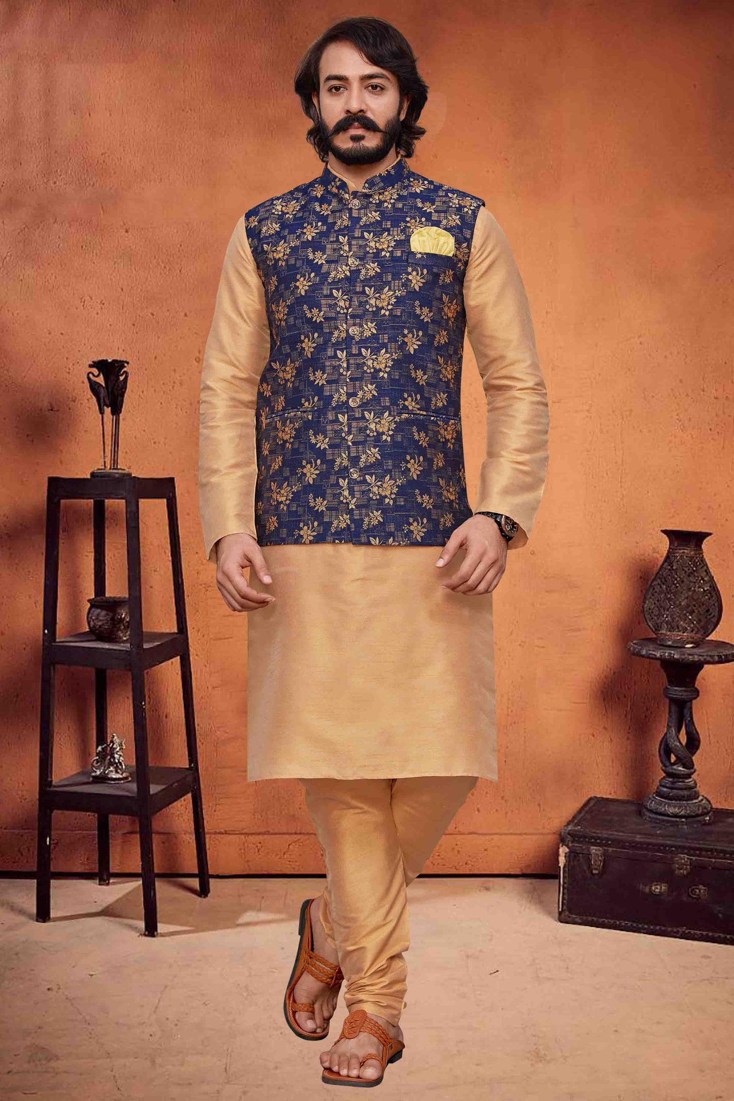 Gold Colour Kurta Pajama With Jacket In Art Silk