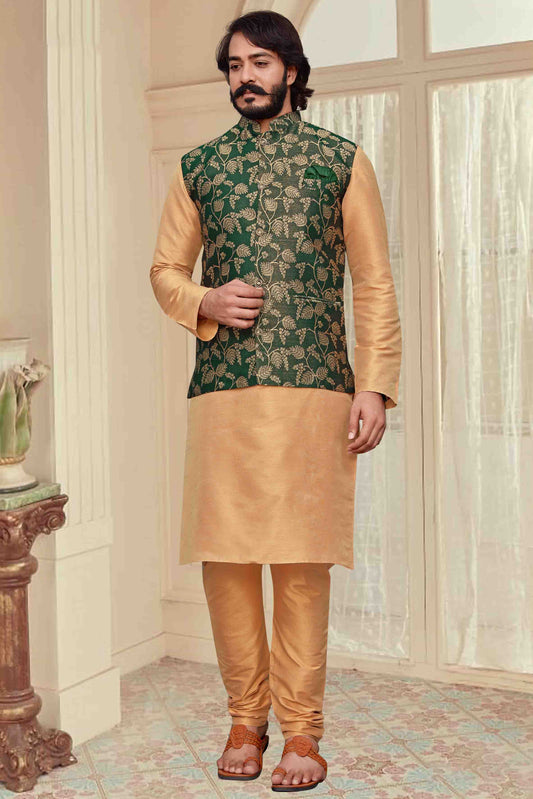 Gold Colour Kurta Pajama With Jacket In Art Silk