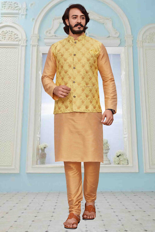 Gold Colour Kurta Pajama With Jacket In Art Silk