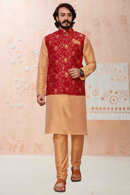 Gold Colour Kurta Pajama With Jacket In Art Silk