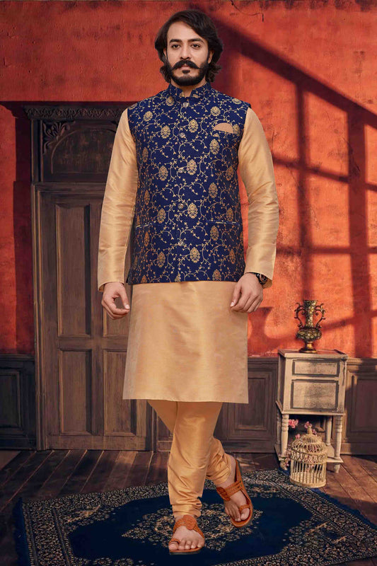 Gold Colour Kurta Pajama With Jacket In Art Silk