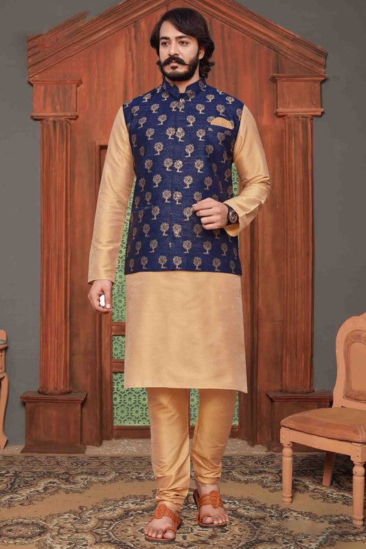 Gold Colour Kurta Pajama With Jacket In Fancy Silk