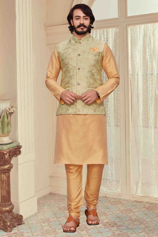 Gold Colour Kurta Pajama With Jacket In Fancy Silk