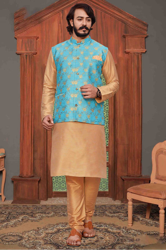 Gold Colour Kurta Pajama With Jacket In Fancy Silk