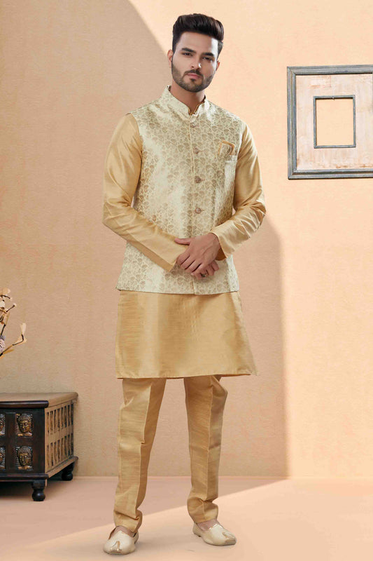 Gold Colour Kurta Pajama With Jacket In Silk Dupion Fabric