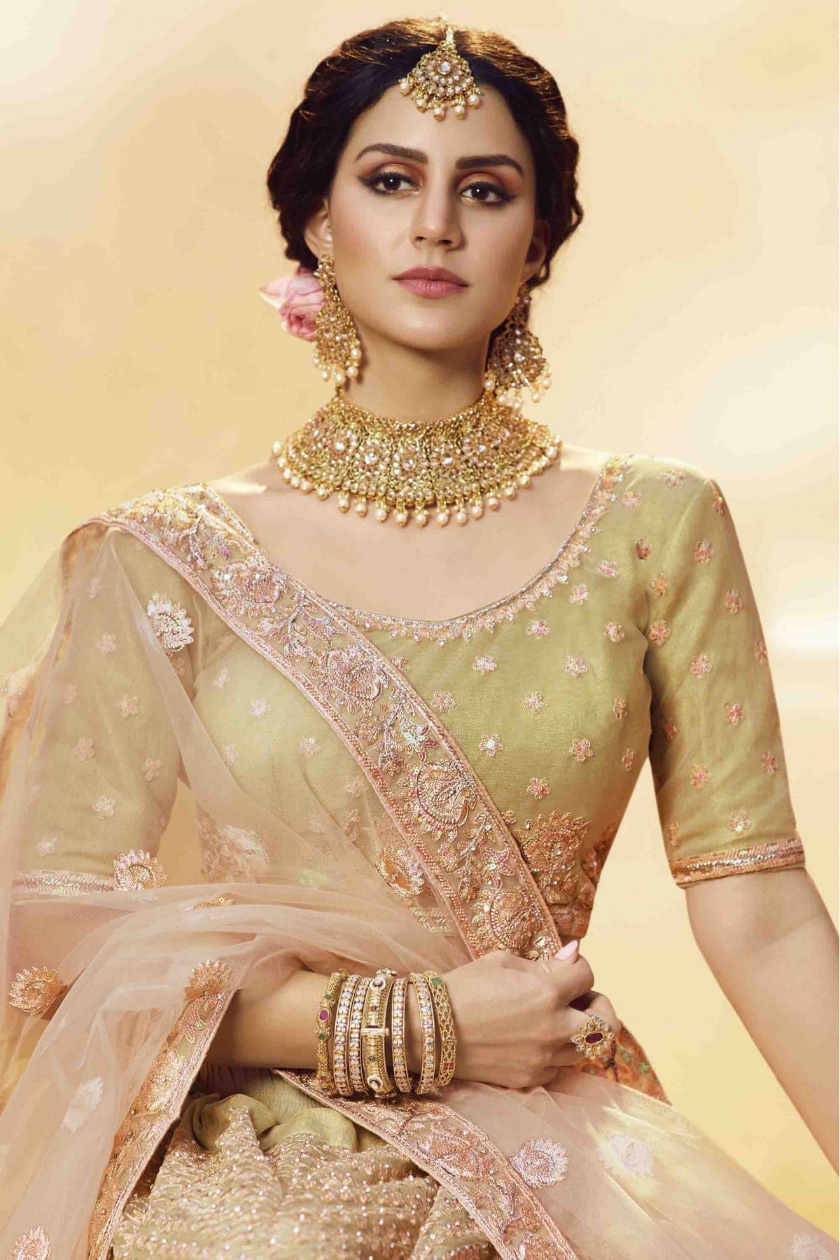 Gold Colour Soft Net And Silk Embroidery Lehenga Choli