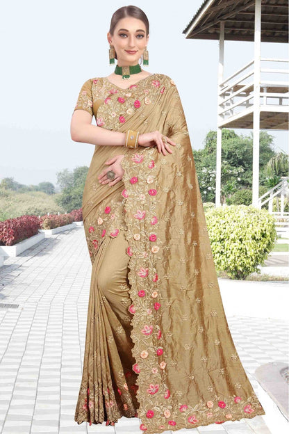 Gold Colour Vichitra Silk Designer Saree