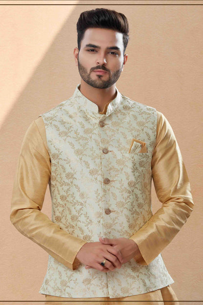 Gold and Cream Colour Kurta Pajama With Jacket In Silk Dupion Fabric