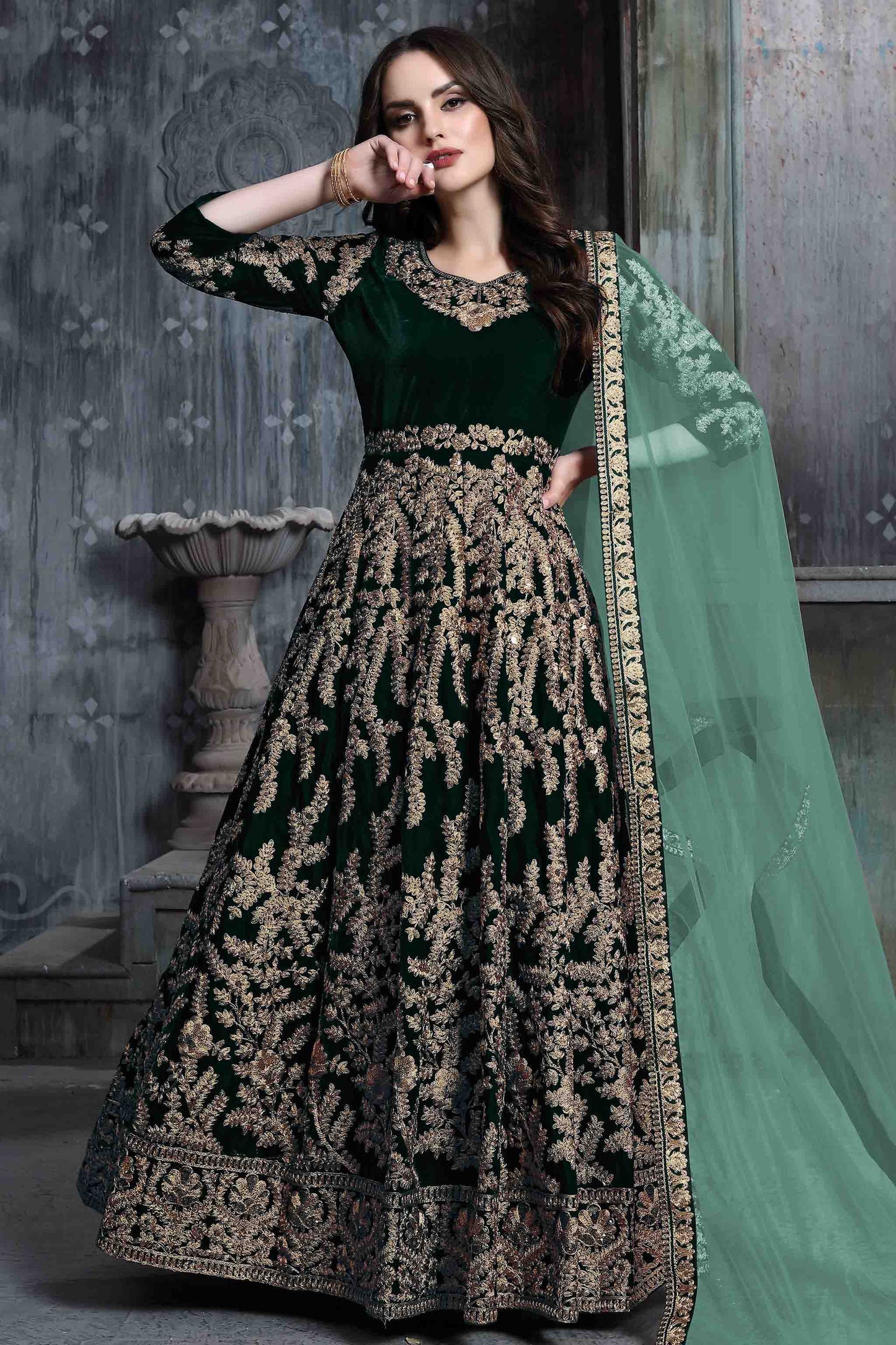 Green Colour 9000 Velvet Semi Stitched Anarkali Suit