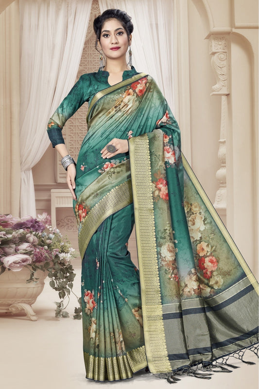 Green Colour Art Silk Digital Print Saree