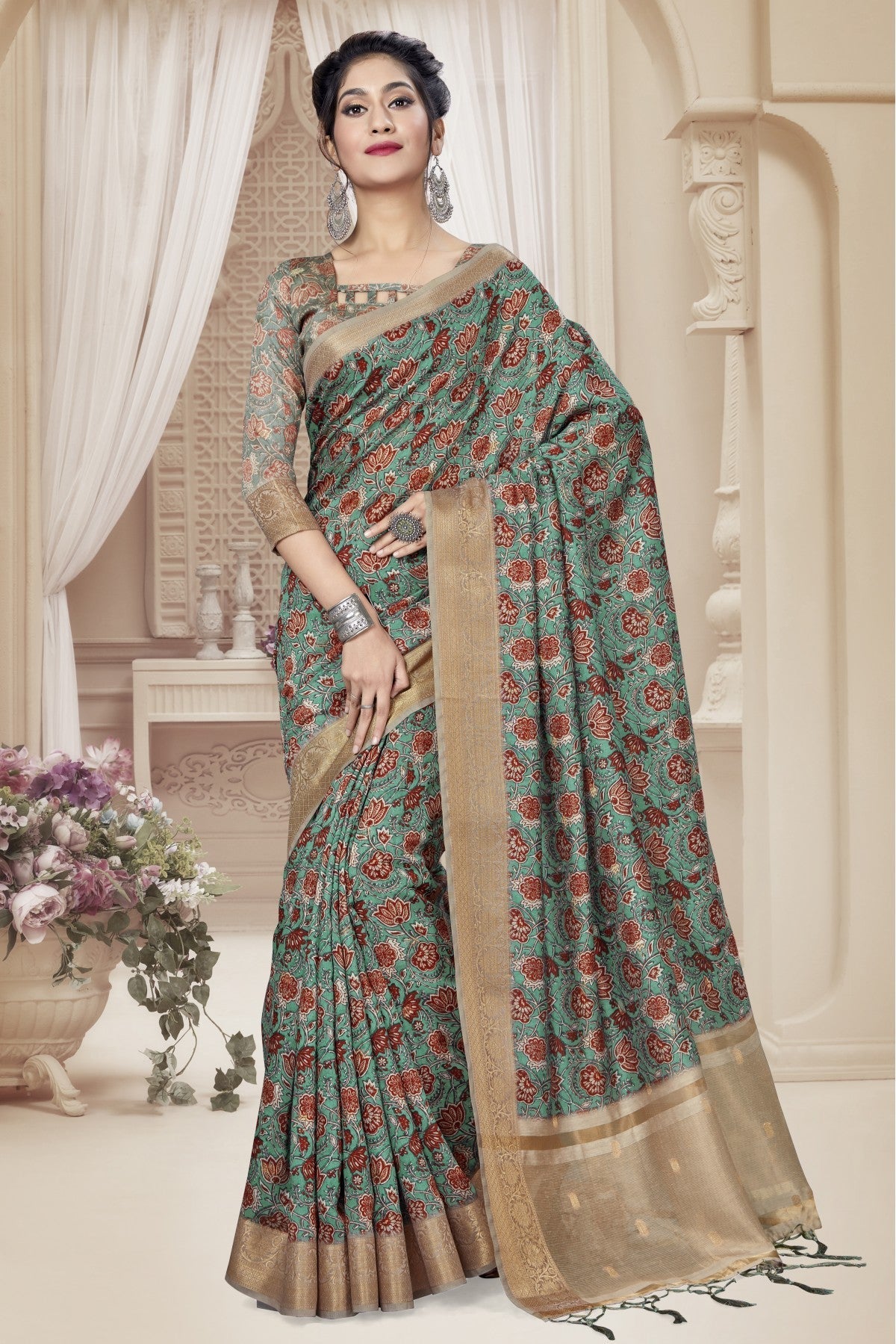 Green Colour Art Silk Digital Print Saree