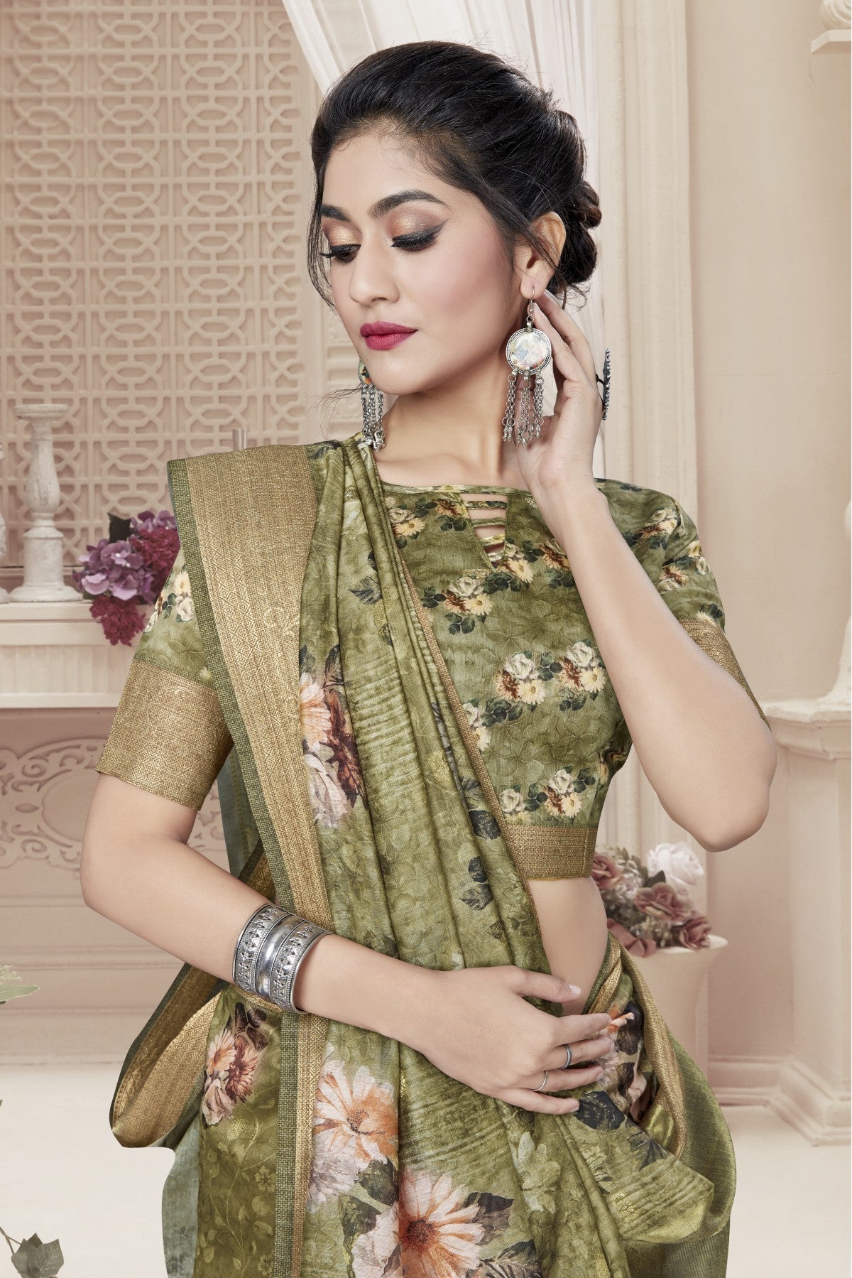 Green Colour Art Silk Digital Print Saree