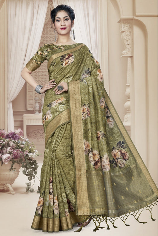 Green Colour Art Silk Digital Print Saree