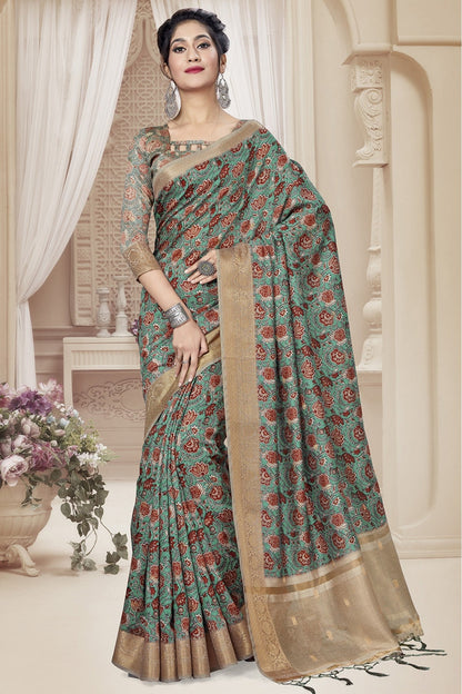 Green Colour Art Silk Printed Saree