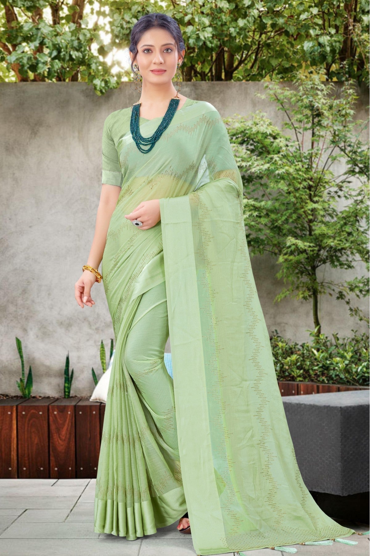 Green Colour Chiffon Satin Swarovski Work Saree