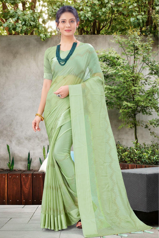 Green Colour Chiffon Satin Swarovski Work Saree